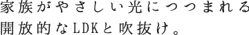 家族がやさしい光につつまれる開放的なLDKと吹抜け。